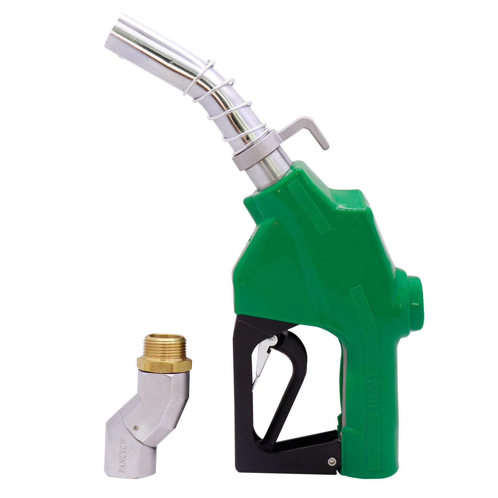 1" Inch NPT Automatic Fuel Nozzle & Fuel Hose Swivel,Auto Shut-Off Green+Hook Gas Pump Nozzle,Three Notch Hold Open Clip,The Flow Rate Up to 32 GPM,15-50 PSI,Used For Gasoline, Diesel, Biodies