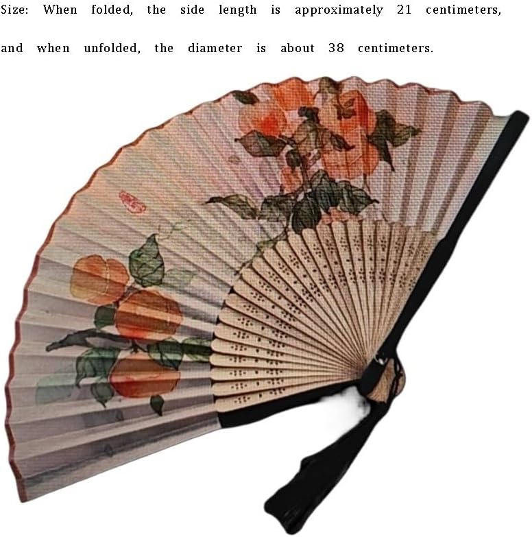 GVRMLDF Persimmon Pattern Chinese Folding Fan Vintage Elegant Hand with Tassel Traditional Art