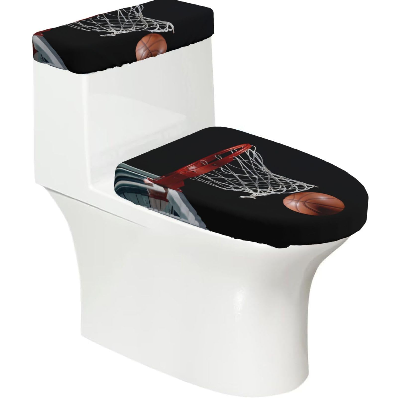Mrowyc Black Basketball 2-Piece Toilet Seat & Tank Lid Cover Set - Elastic Stretch Design - Universal Fit For U-Shape-O-Shape-Elongated Toilets - Functional Bathroom Decor & Housewarming Gift