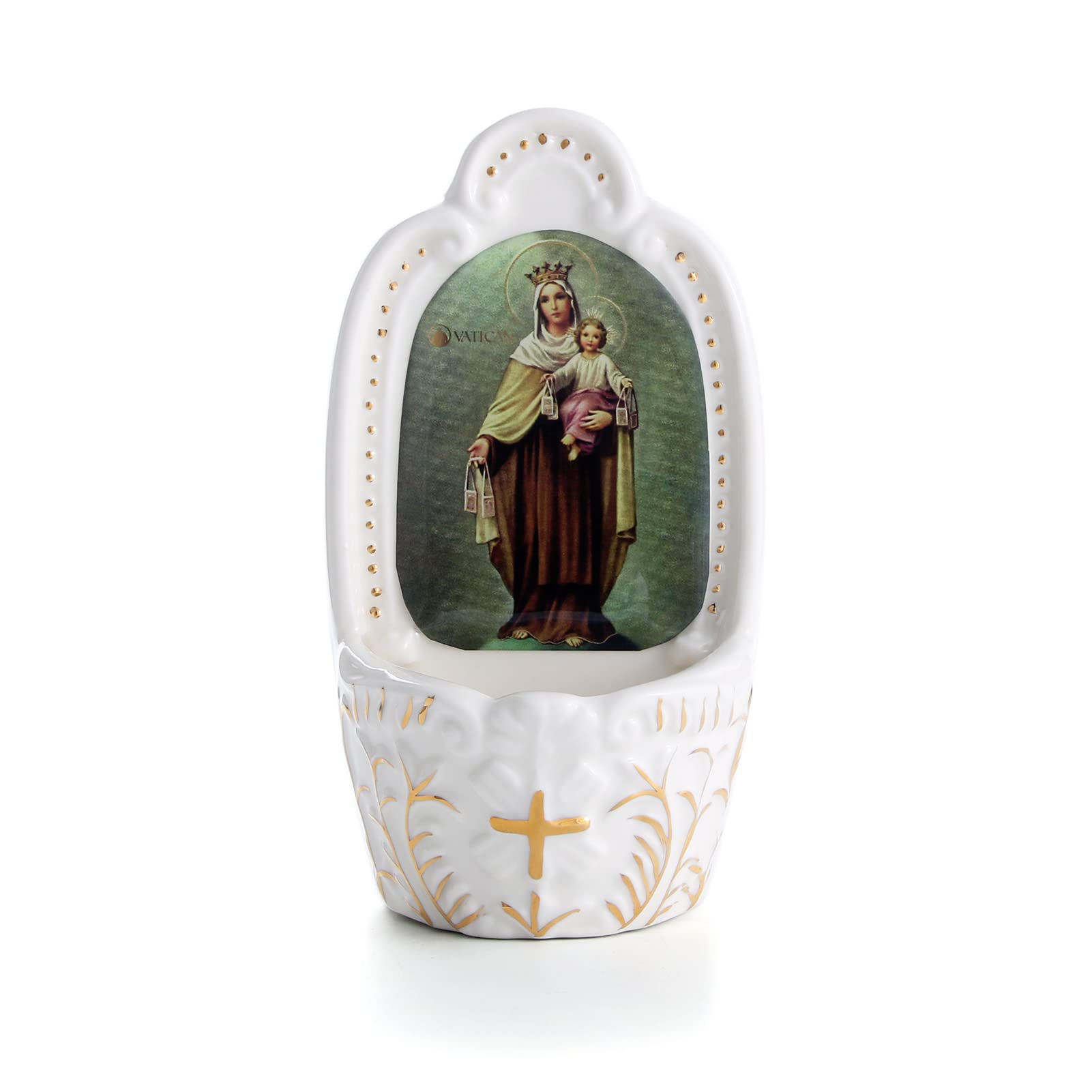 KOMI Porcelain Catholic Holy Water Font Our Lady of Mt. Carmel &amp; Child Holy Water Font for Entrance of Home Church Wall Hanging Decor Religious Gift for First Communion, Confirmation