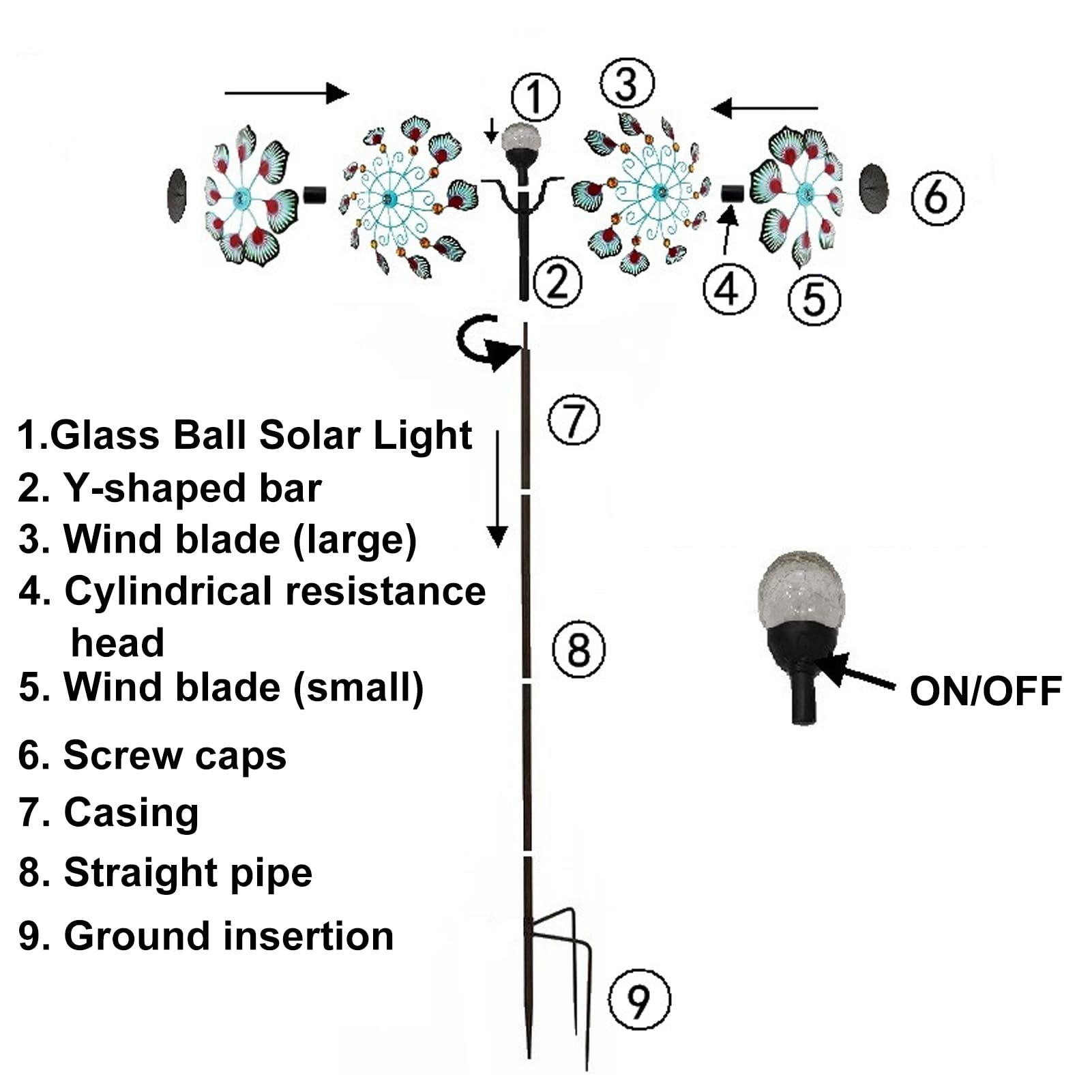 Girandola a vento solare con sfera di vetro, facile da montare, scultura cinetica per esterni, cortile, giardino, prato, girandola in metallo per esterni, alimentata a energia solare
