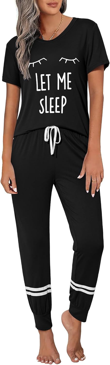 Ekouaer Womens Pajamas Set 2 Piece Lounge Pj Set Short Sleeve Sleepwear Tops with Joggers Pants Loungewear Print Nightwear