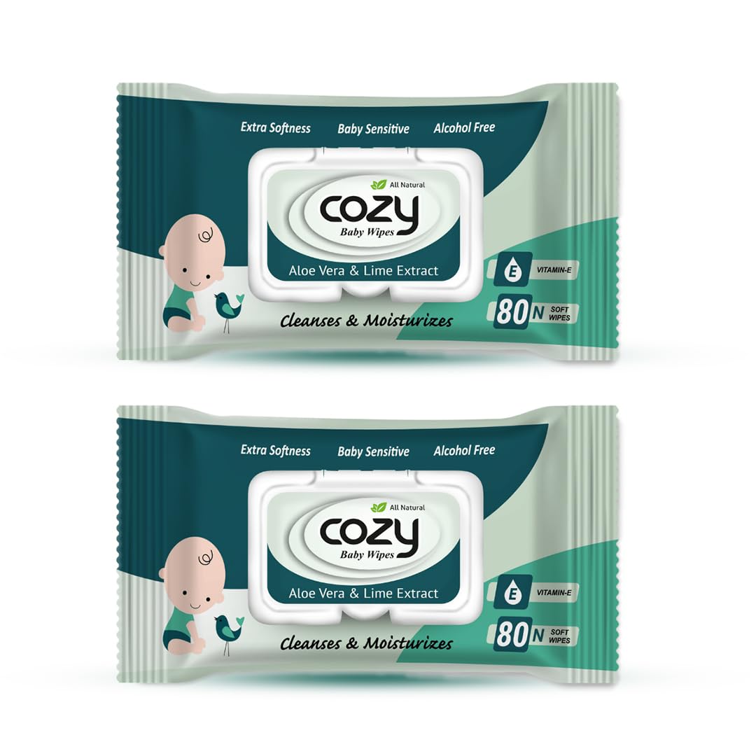 Cozy Baby Wipes, Green Alcohol free, soft and strong, aloe vera and lime extract, vitamin E, Extra softness, baby sensitive, alcohol free, 15 cm x 20 cm (160 Count (Pack of 2)-image-21