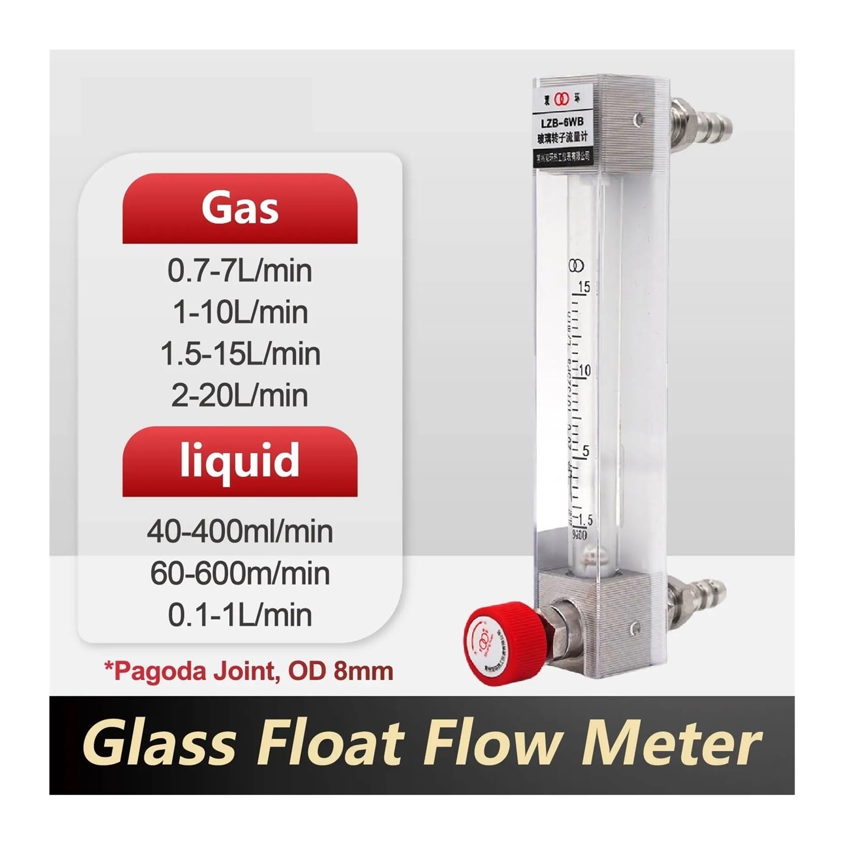 Rotámetro de tubo vidrio LZB-6WB Medidor flujo for aire, oxígeno, nitrógeno, agua, líquido flotador área variable industrial Montaje en panel(1.5-15L-min)