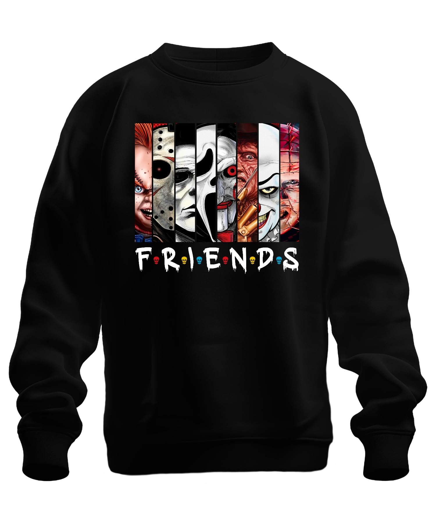 Printera Unisex Black Friends Horror Icons Jason Michael Pennywise Freddy Chucky Cult Sweatshirt Pullover, M