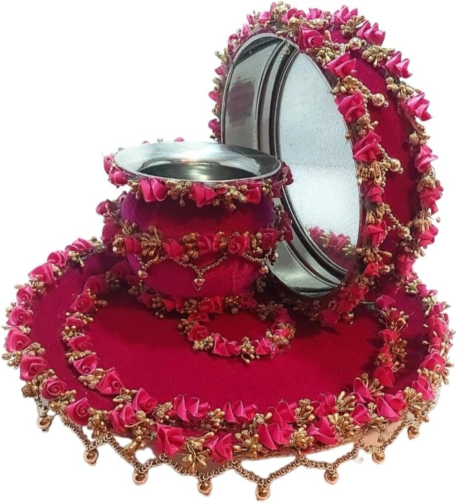 GiftsBouquet Karwachauth Thali Set I Karvachauth I Karwa chauth I Karva chauth Puja Stainless Steel Thali Set - Channi/Lota for Vrat Poojan, Standard, Magenta