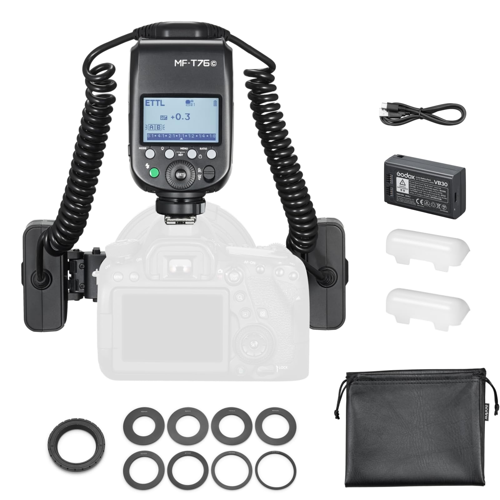 GODOX MF-T76C TTL Doppia testa del flash macro flash 2.4G wireless GN22.4, 550 flash, tempo di ricarica del flash 1,2 s con anello di montaggio, diffusore per fotocamera Canon, insetti, alimenti