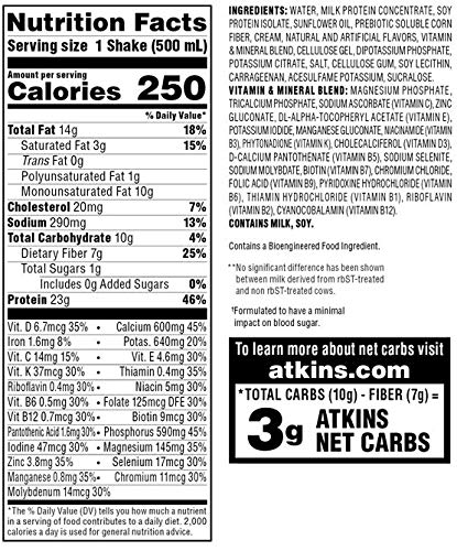 Atkins Meal Size Vanilla Cream Protein-Rich Shake. With Protein. Keto-Friendly and Gluten Free. 16.9 Fl Oz , 4 Count (Pack of 3)