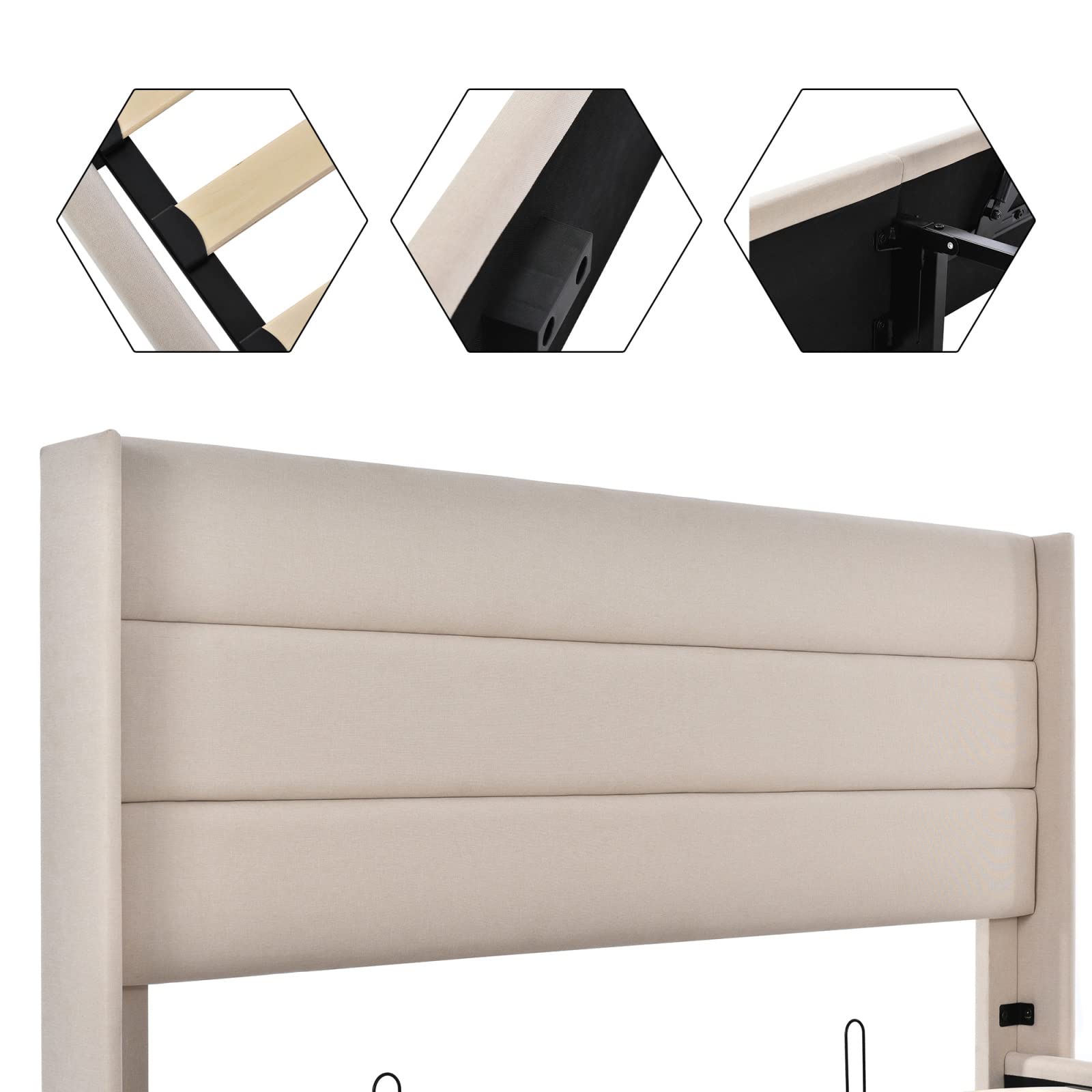 FEEOHOME Lit Double Rembourré 160 x 200 cm, lit 2 Places avec Cadre de lit et Espace de Stockage, Lits Coffre sommier à Lattes pour Adulte Adolescent, Lin Beige