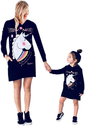 Mommy and Me Outfits Long Sleeve Cartoons Printed Family Matching Hoodies Pullover Sweatshirt Dresses with Pocket