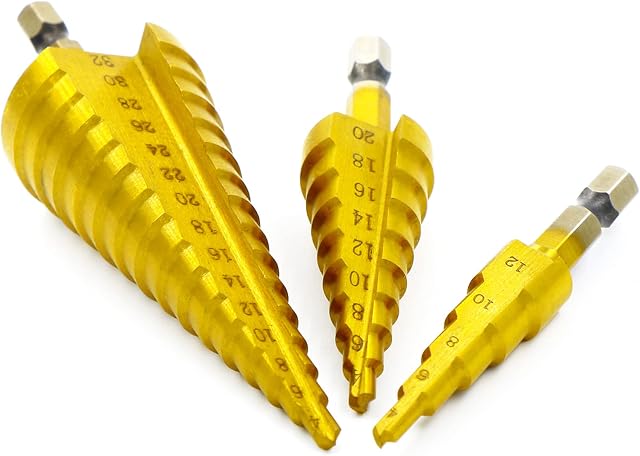 AnJeey HSS Step Drill Bit Set, Titanium Coated, Universal Hex Shank, 4mm-12/20/32mm Cone Cutter with Nylon Bag for Plastic PVC Board Wood Metal Aluminum Copper, 3Pcs