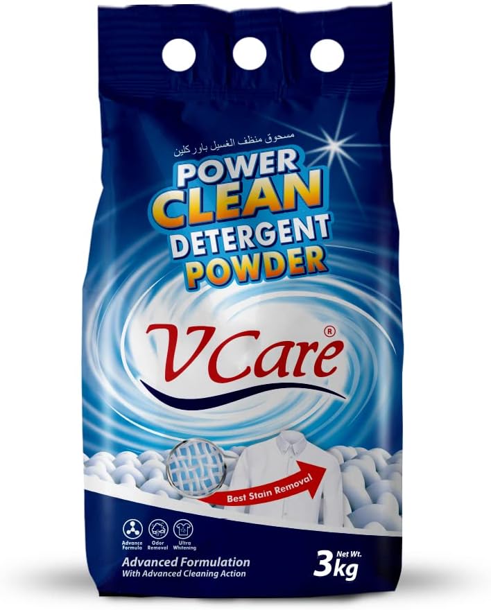 V Care Power Clean Laundry Detergent Powder - Effortless Stain Removal - Removes Odour and Provides Ultra Whitening with a Refreshing Scent - 3Kg