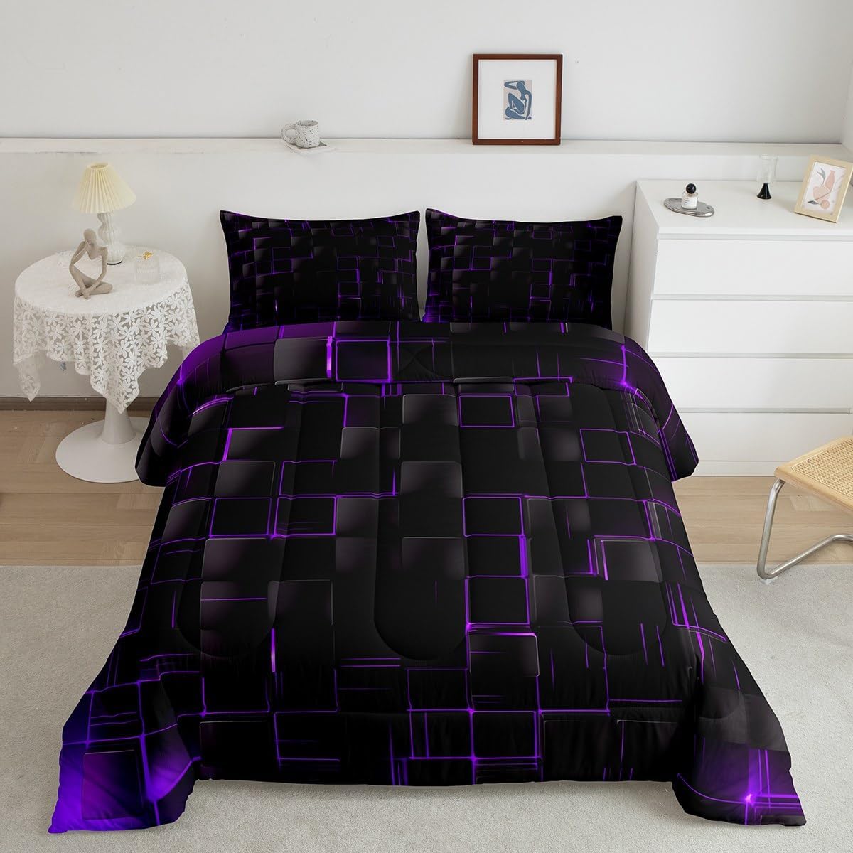 Manfei Geometric Grid Comforter Set Twin Size, Purple and Black Checkered Bedding Quilt Set, Men Women Bedroom Decor, Modern Abstract Check Plaid Square Down Comforter for All Season, 1 Pillowcase