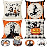 CREATRILL Halloween Spooky Pillow Cover 18 x 18 Set of 4 with 4 Bonus Coasters, Buffalo Check Pumpki