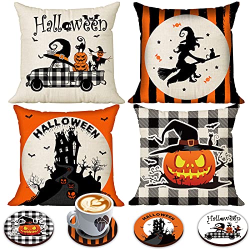 Creatrill Halloween Spooky Pillow Cover 18 X 18 Set Of 4 With 4 Bonus Coasters, Buffalo Check Pumpkin Scarecrow Truck Witch Castle Decorative Pillow Covers For Farmhouse Rustic Halloween Decor Indoor #TOP17