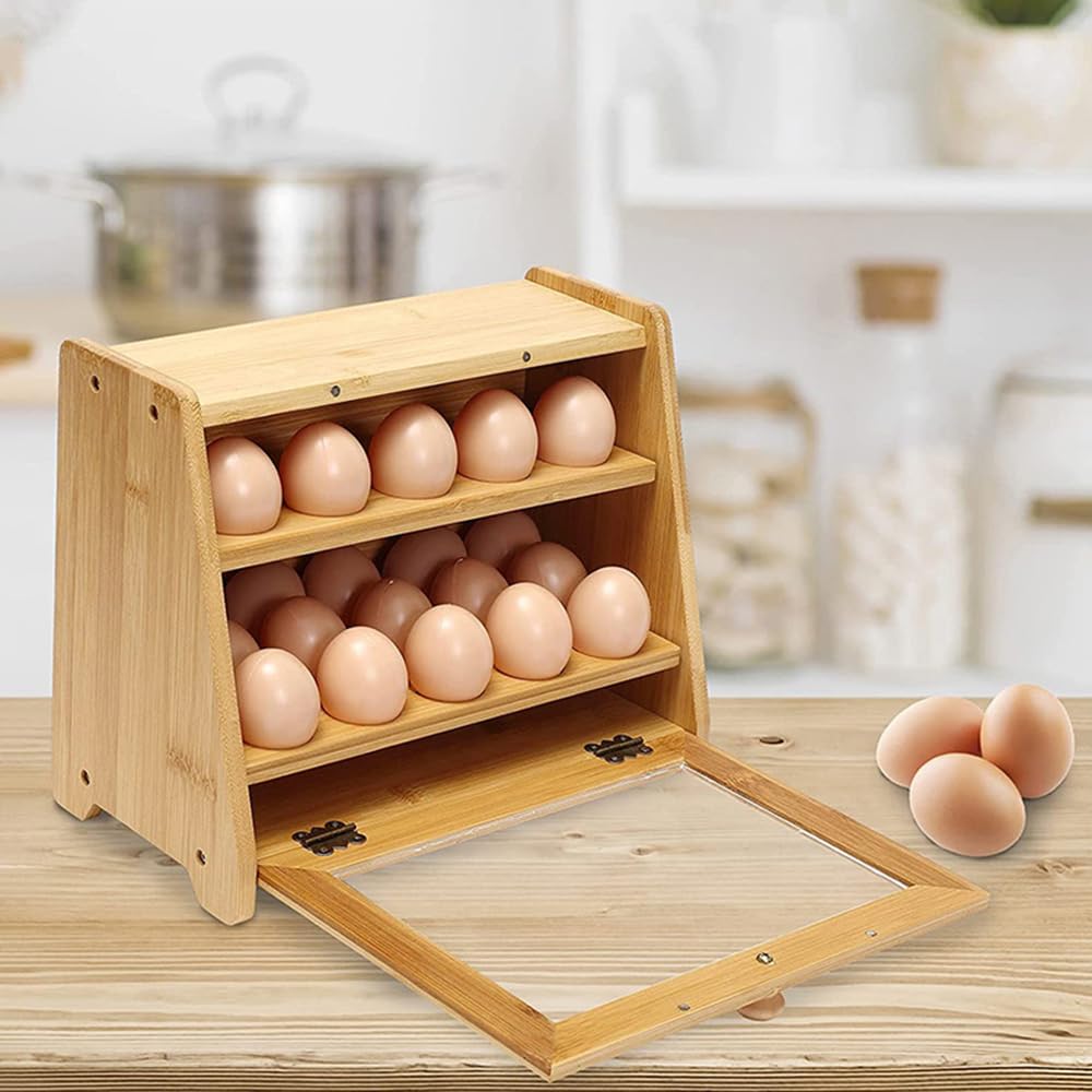 Soporte para huevos de bambú, organizador apilable de encimera de cocina con capacidad para 25 huevos, estante de almacenamiento de huevos de madera natural para refrigerador o encimera