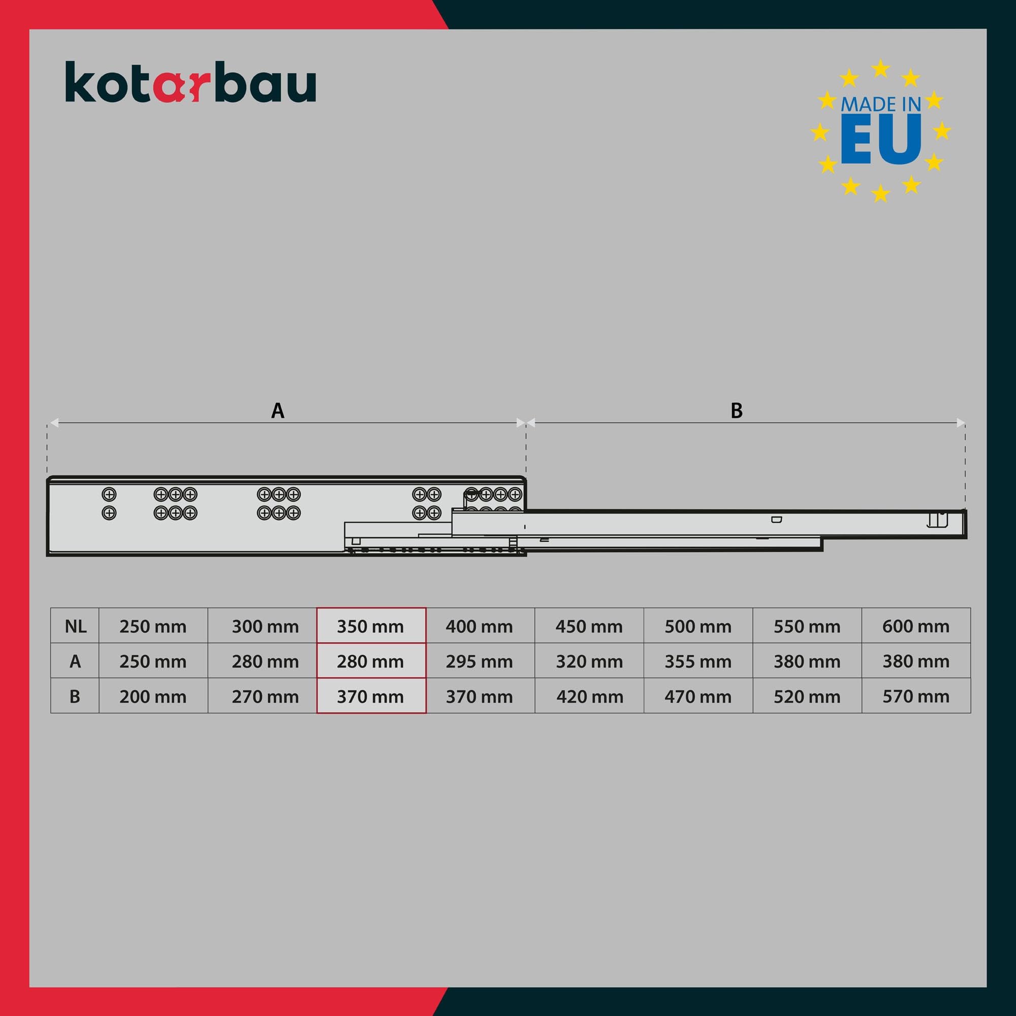 KOTARBAU® 1 par (2 unidades) rieles 3D para cajón de montaje en suelo, extensión completa, 350 mm, cierre suave, de acero, extensión completa, guías telescópicas, montaje en el suelo, extensión