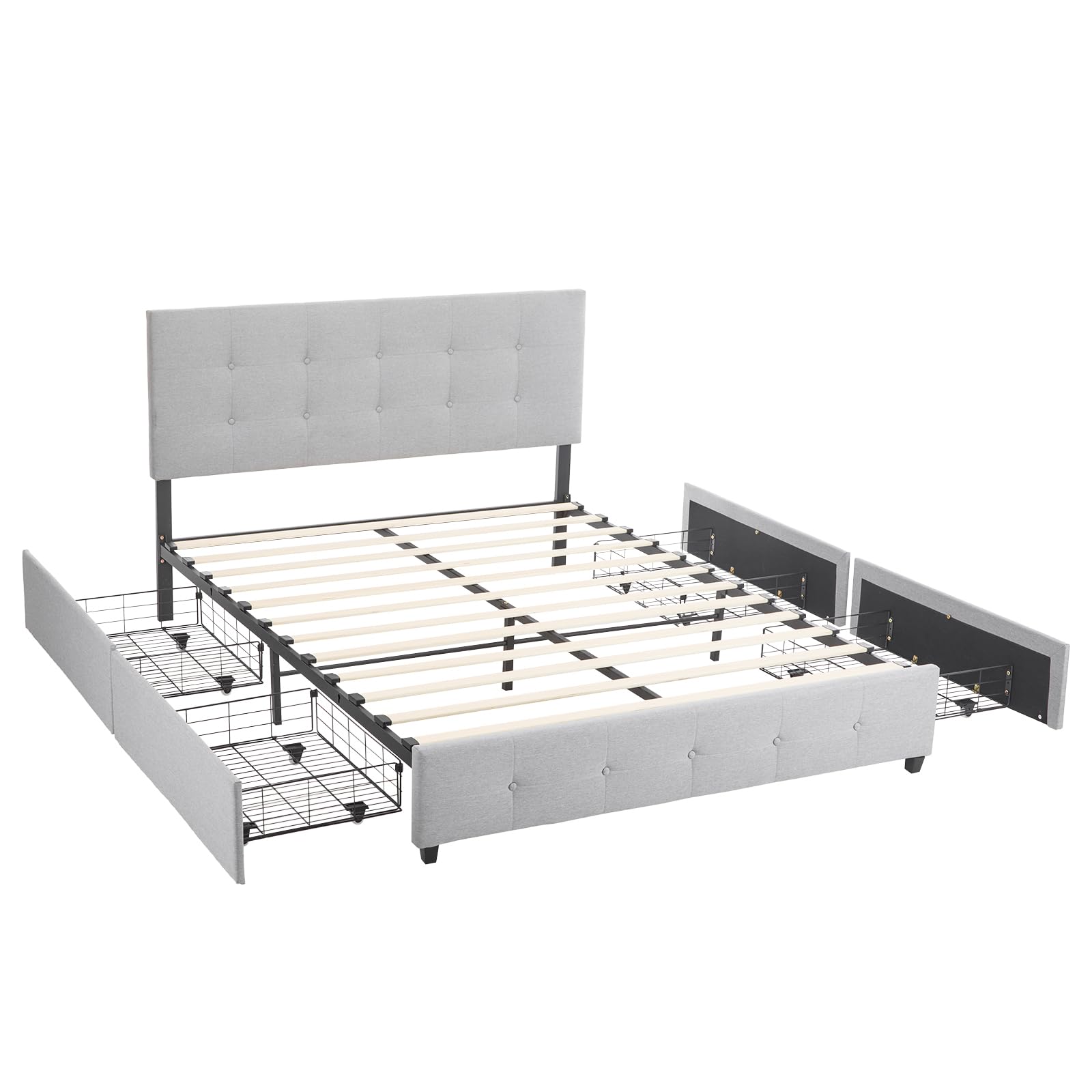 incomplete Wood Bed Frame with 4 Drawers Upholstered Platform Storage Bed Adjustable Headboard with Soft Linen Wooden Slat Support Bed Frame No Box Spring Needed Elegant Light Grey