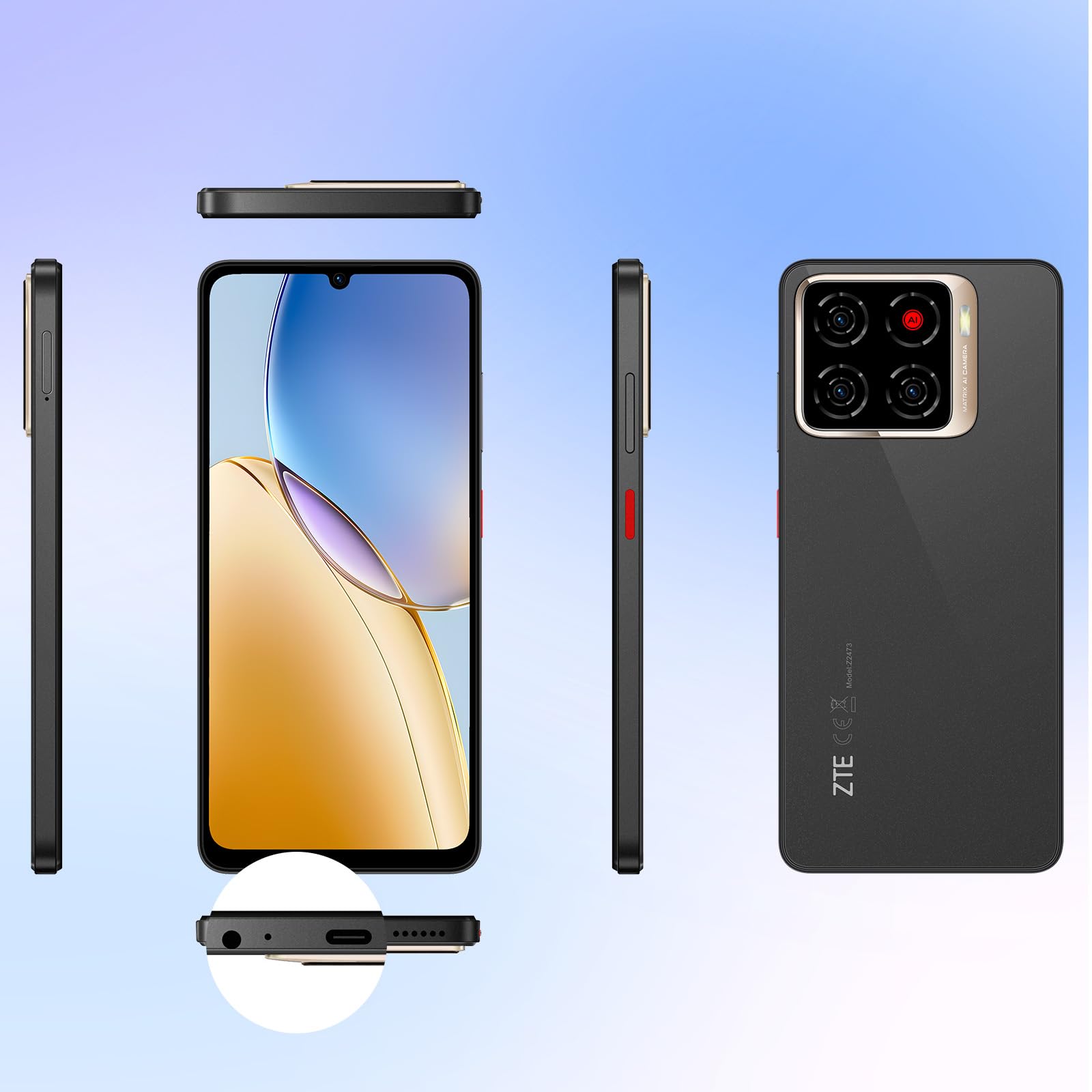 ZTE Blade A56 Android Smartphone ohne Vertrag, Schwarz (2025)+6,75 Zoll HD+Display (90 Hz), 4G LTE, 4GB RAM, 64GB Speicher, 13MP KI-Hauptkamera+8MP Frontkamera, Dual SIM