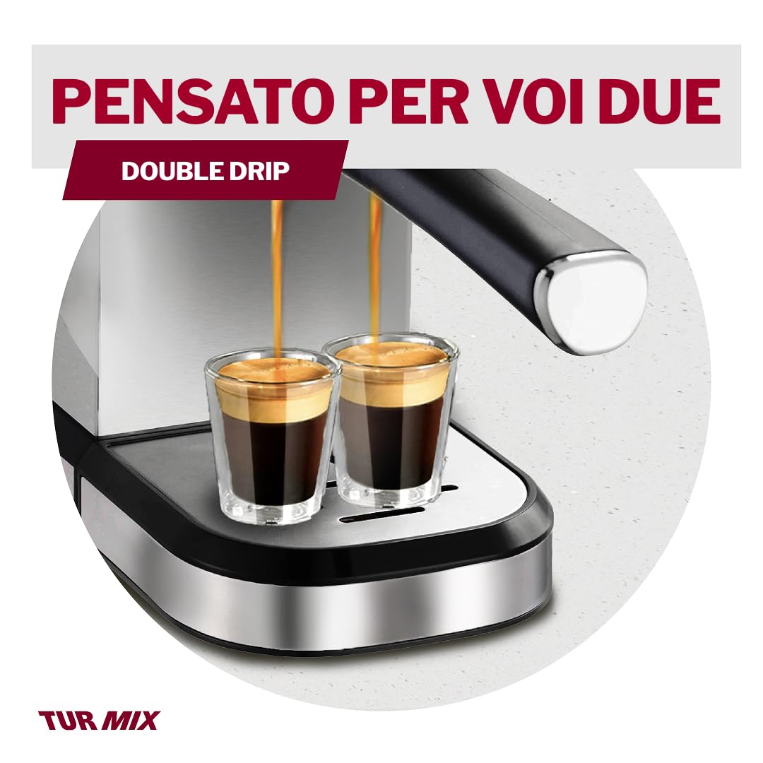 Turmix TX 590 - Macchina per caffè espresso in acciaio inox, 20 bar con montalatte, larghezza 17 cm, serbatoio acqua 1,1 l, superficie di appoggio riscaldata