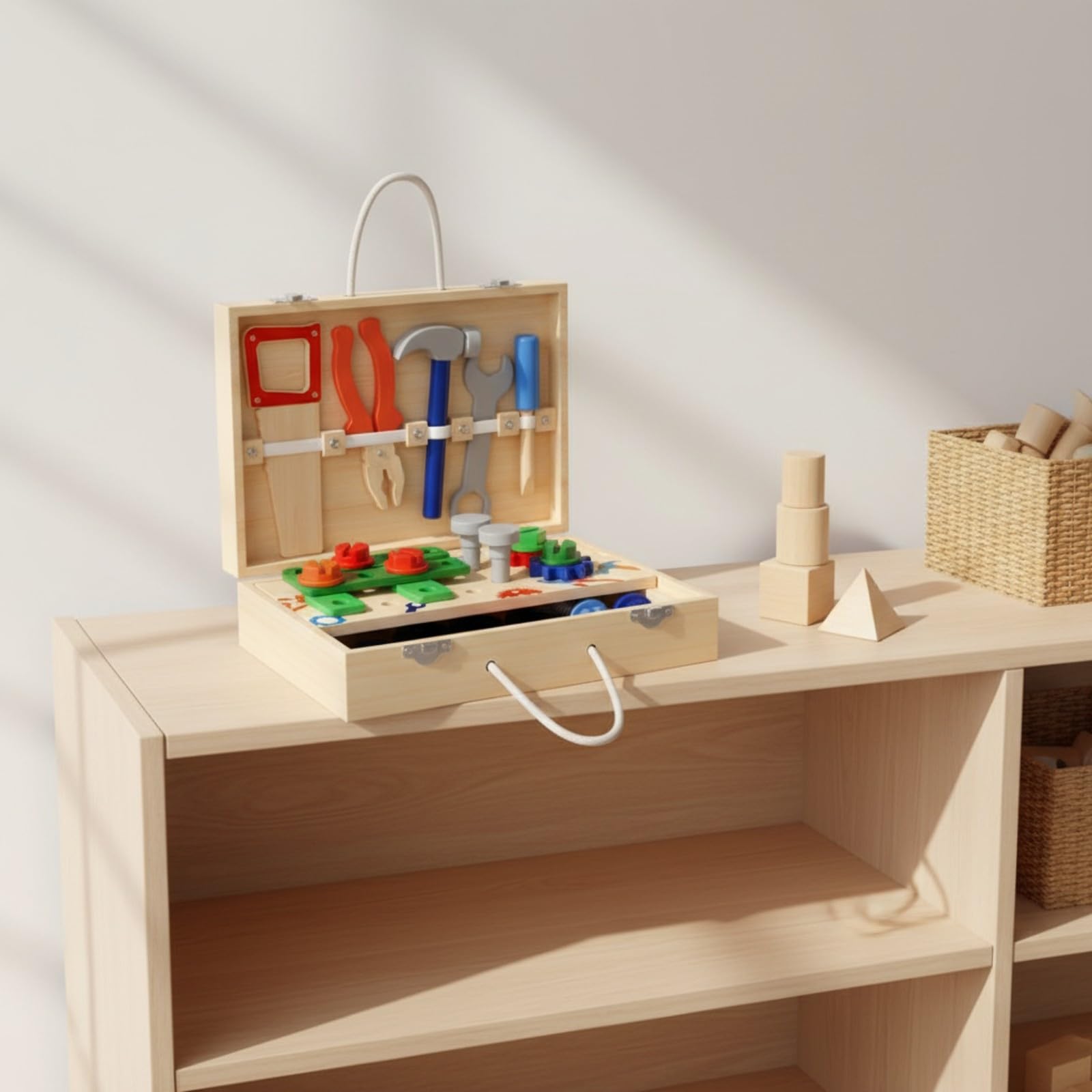 Set di Attrezzi in Legno Multifunzionale | Portatile, Valigetta Attrezzi per Bambini, Richiudibile, Banco Lavoro Giocattolo,