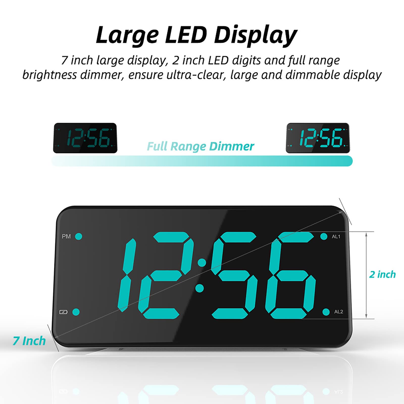 Reloj despertador con agitador de cama para personas que duermen mucho con función de vibración, pantalla LED de 7 pulgadas y alarma dual, perfecto para personas sordas y con discapacidad auditiva,