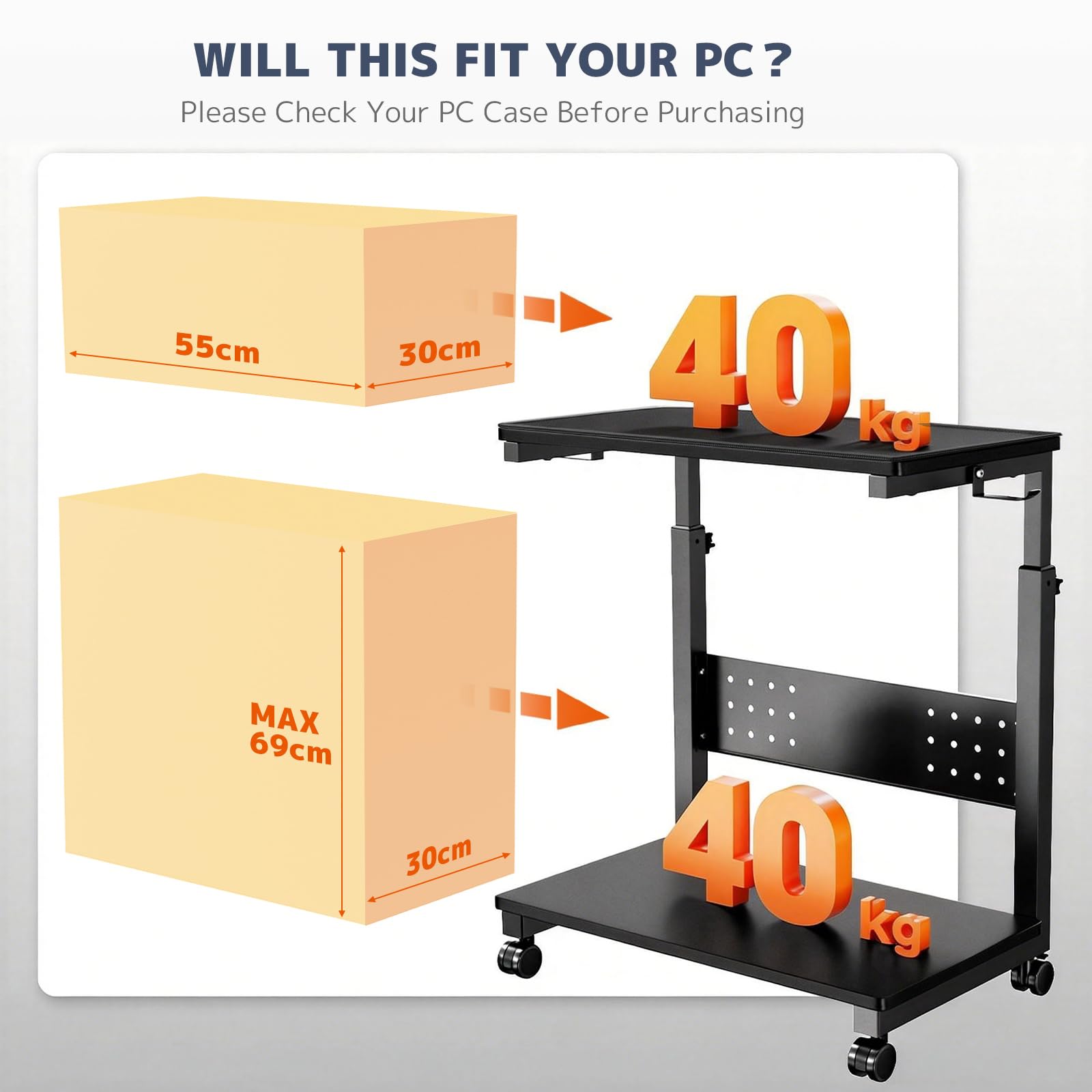 PUTORSEN Supporto per Tower PC Altezza Regolabile con 2 Piani, Supporto per Computer con Rotelle e Tappetino per Mouse, Stampante Case ATX fino a 40kg/Piano,per Ufficio Domestico, Nero