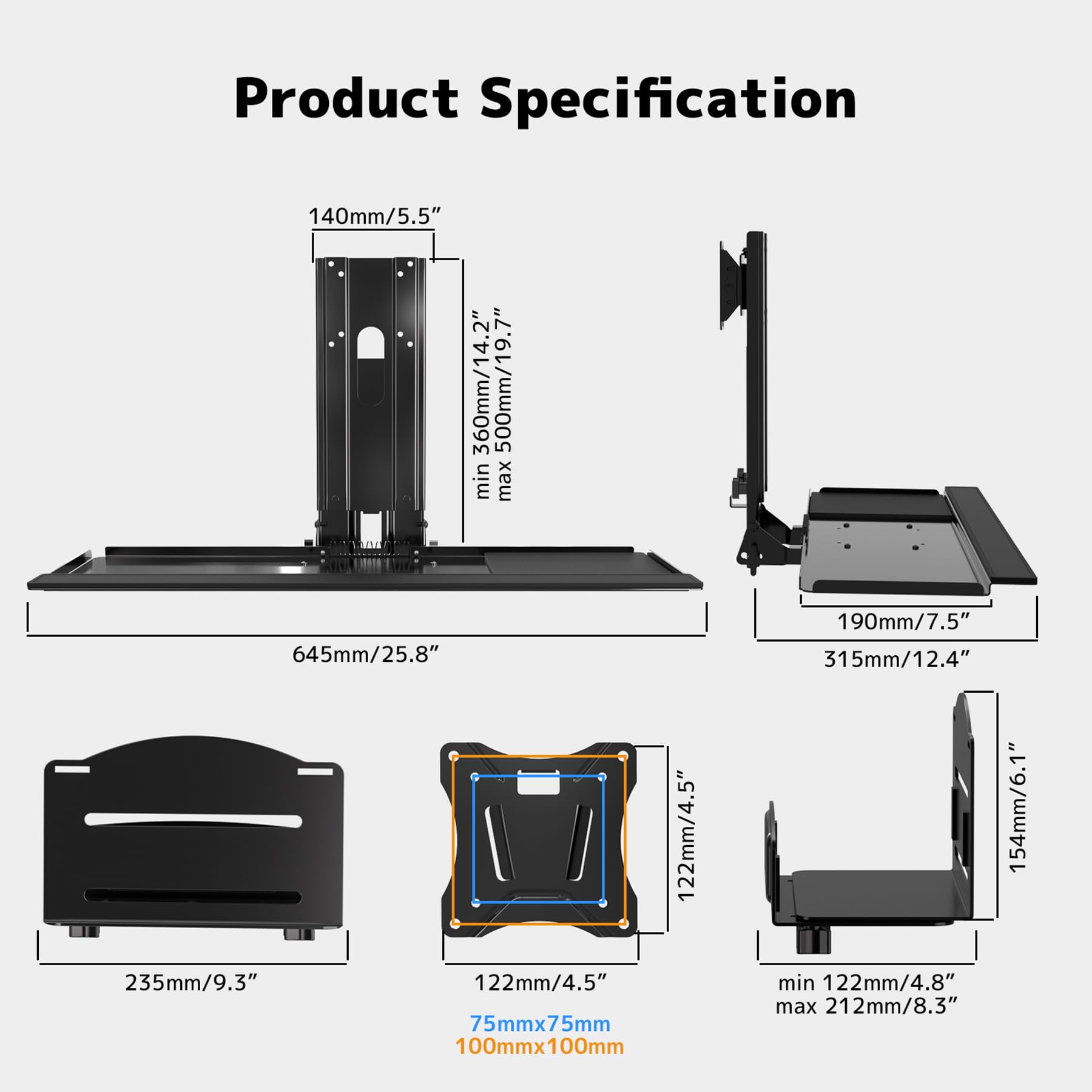 Supporto da parete per monitor e tastiera con supporto CPU per monitor da 32" (massimo 25 kg), vassoio per tastiera (carico 2,0 kg) e supporto CPU (capacità 10 kg), regolabile in altezza, con