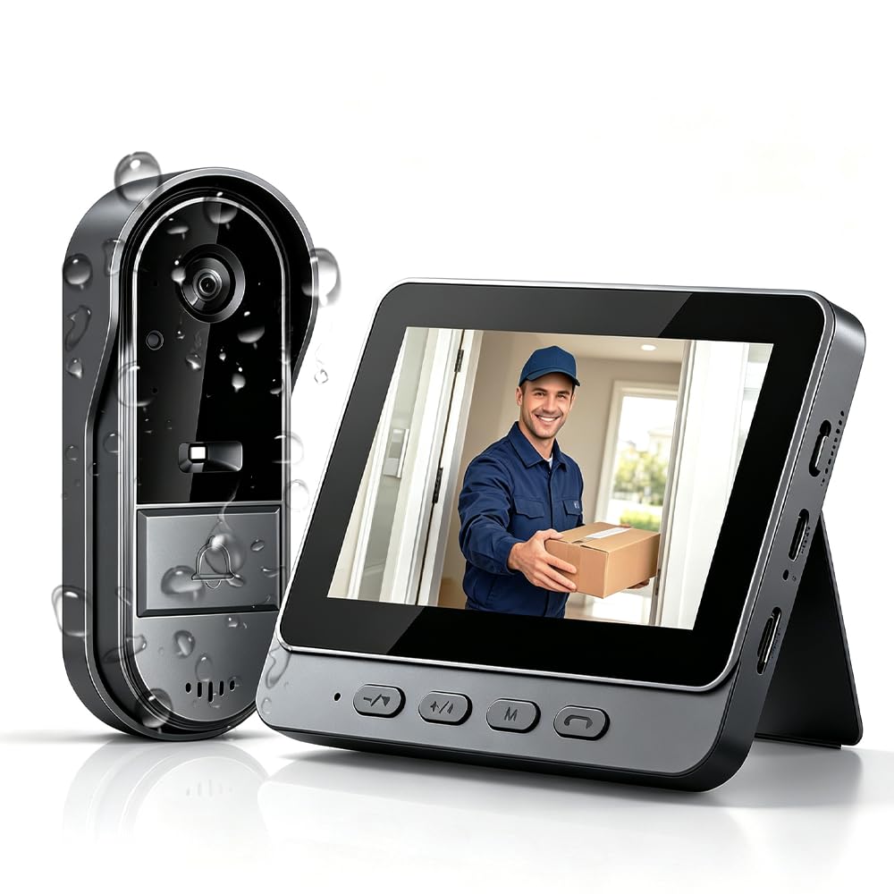 TKMARS Funk Video Türsprechanlage mit 4,3 Zoll Monitor, Kabellose Türklingel mit Kamera ohne WLAN & App, 170° Weitwinkel, Gegensprechfunktion, Nachtsicht, Besucheraufnahme, für Haus Wohnung Senioren