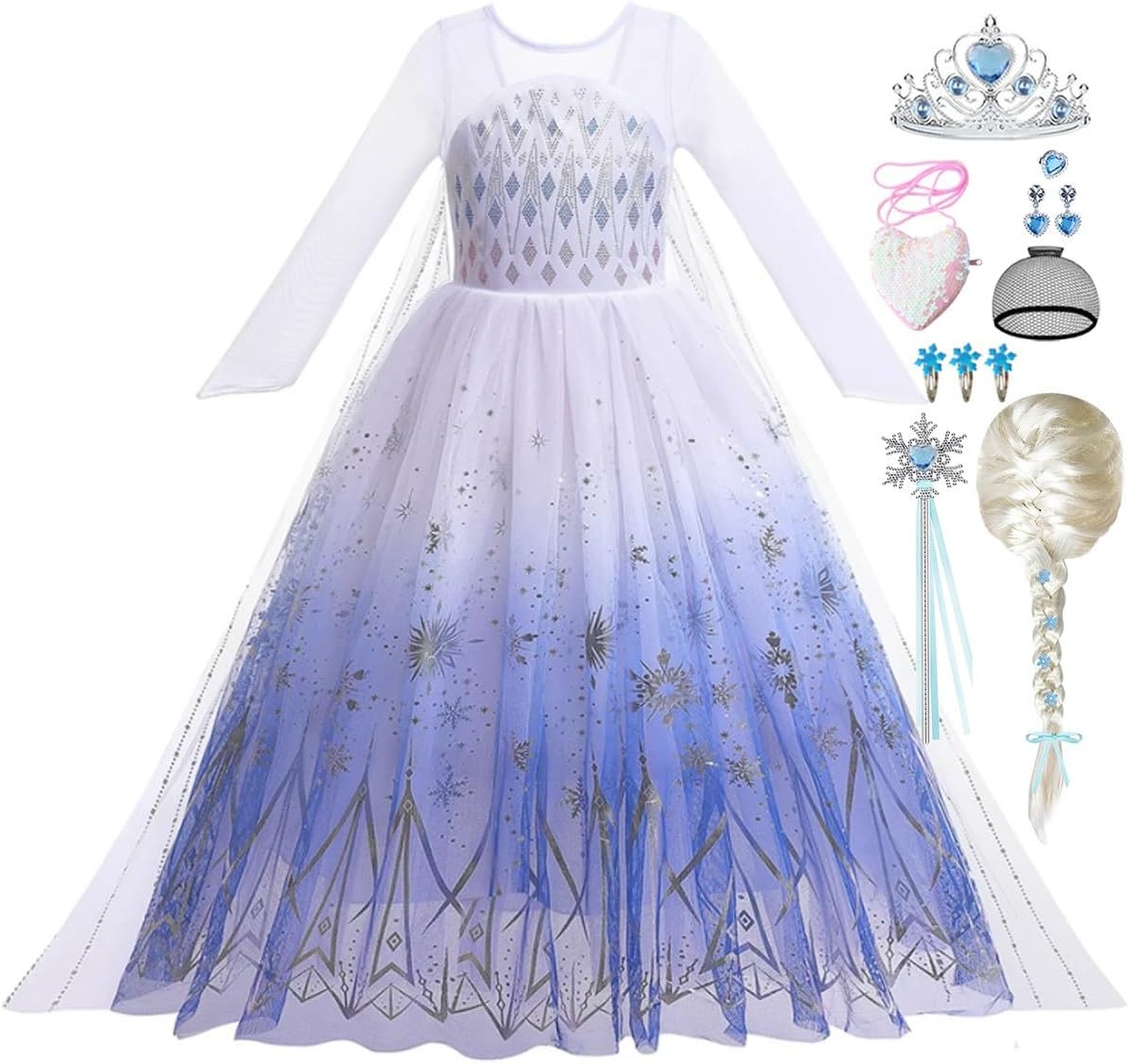 Girls Princess Costume Kids Elsa Dress up Outfit Halloween Birthday Party White Cosplay Dress with Wig Accessories