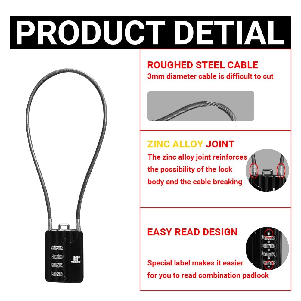 RESET-200 Candado de Combinación de 4 Dígitos con Cable de Acero de 30 cm, Candado de Alta Seguridad para Equipaje, Maleta, Estuche de Armas, Caja de Herramientas, Casco, Negro, Paquete de 2