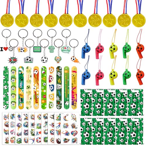 60PCS Soccer Party Favors Soccer Goodie Bag Stuffers with 10 x 6.5 Inch Bags Keychain Medal Tattoo Sticker Slap Bracelets Whistles for Kids Soccer Birthday Party Decorations Supplies Souvenirs