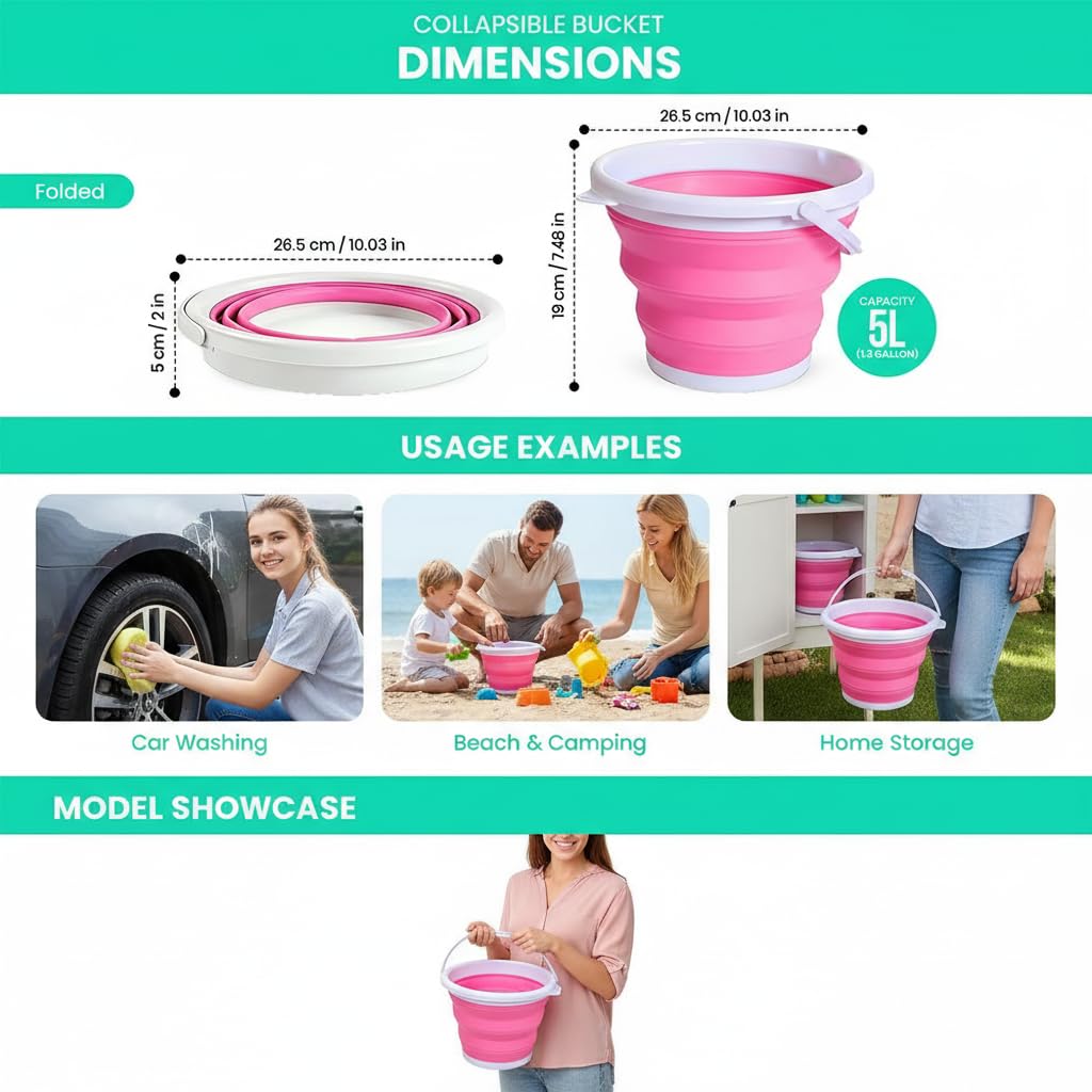 Cubo plegable de 5 litros para limpieza, cubo plegable de silicona que ahorra espacio con asa, esencial para camping o caravana, plegable que ahorra espacio para caravana y artículos esenciales de