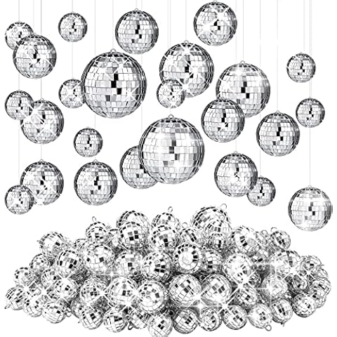Funtery 100 Pcs Mirror Disco Balls Decorations Different Sizes Bulk Silver Disco Balls Ornaments Hanging Disco Balls for Christmas Tree Dance Music 50s 60s 70s Disco Themed Party Decor (1, 2, 3, 4,) Cover