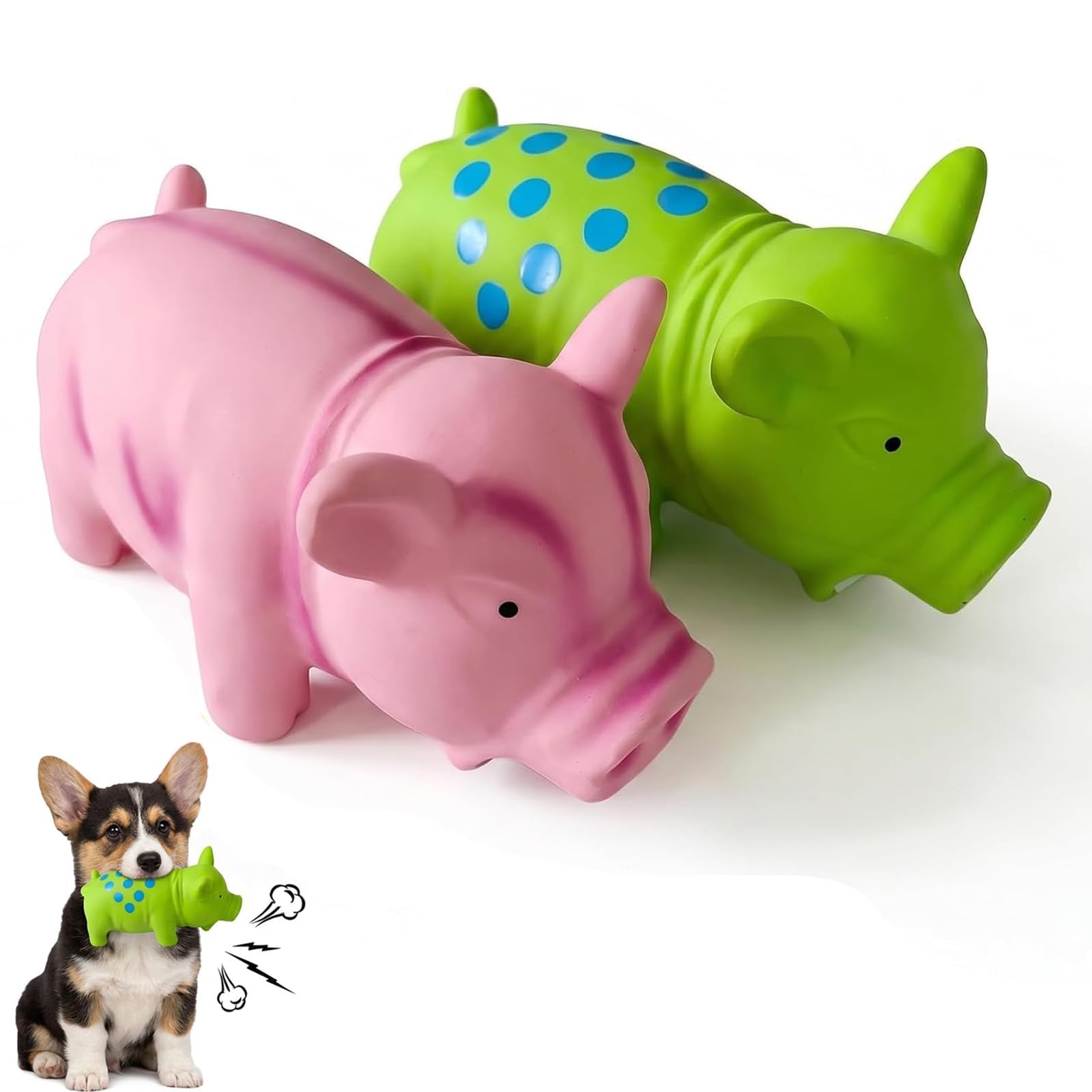 QhgPnt 2-Pack Squeaky Pig Dog Toys, Natural Latex Soft Chew Toys for Small to Medium Dogs (Pink & Spotted Green)