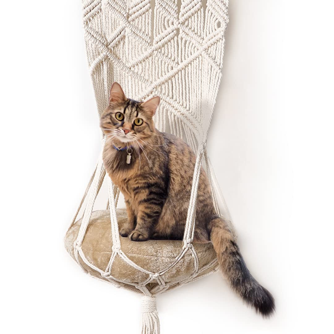 Macrame Cat Hammock Bed with Cushion - Cute Cat Hanging Bed - Hang on Wall, Ceiling, Window or Headboard, Boho Room Decor, Hanging Kit Included, Floating Cat Shelf Macrame Decor, Boho Wall Hanging