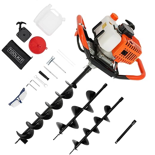Tarière à essence 52 cc avec 3 forets (100/150/200 mm) | Profondeur de perçage 1,98 CV & 108 cm | Économie de carburant 600 g/kWh + amortissement des vibrations | Avec rallonge et kit d'accessoires
