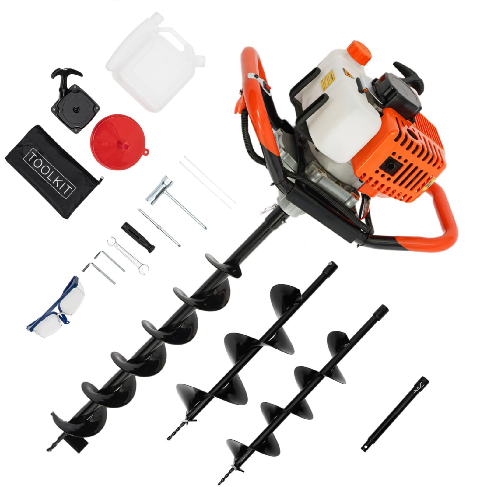 Tarière à essence 52 cc avec 3 forets (100/150/200 mm) | Profondeur de perçage 1,98 CV & 108 cm | Économie de carburant 600 g/kWh + amortissement des vibrations | Avec rallonge et kit d'accessoires