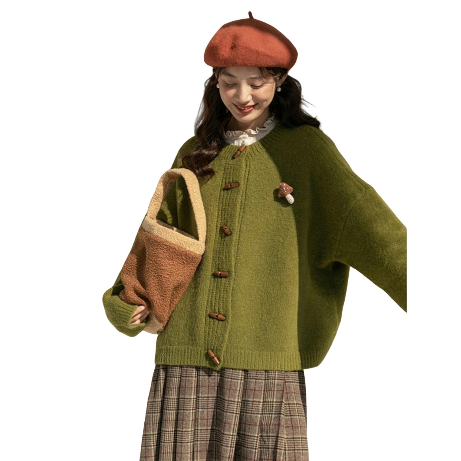 Maglione da Donna Atmosfera Autunno E Inverno Atmosfera Retro Verde Pigro Maglione per Donne-Maglione Verde (Spilla Esclusa)-S 70-90 Sterline