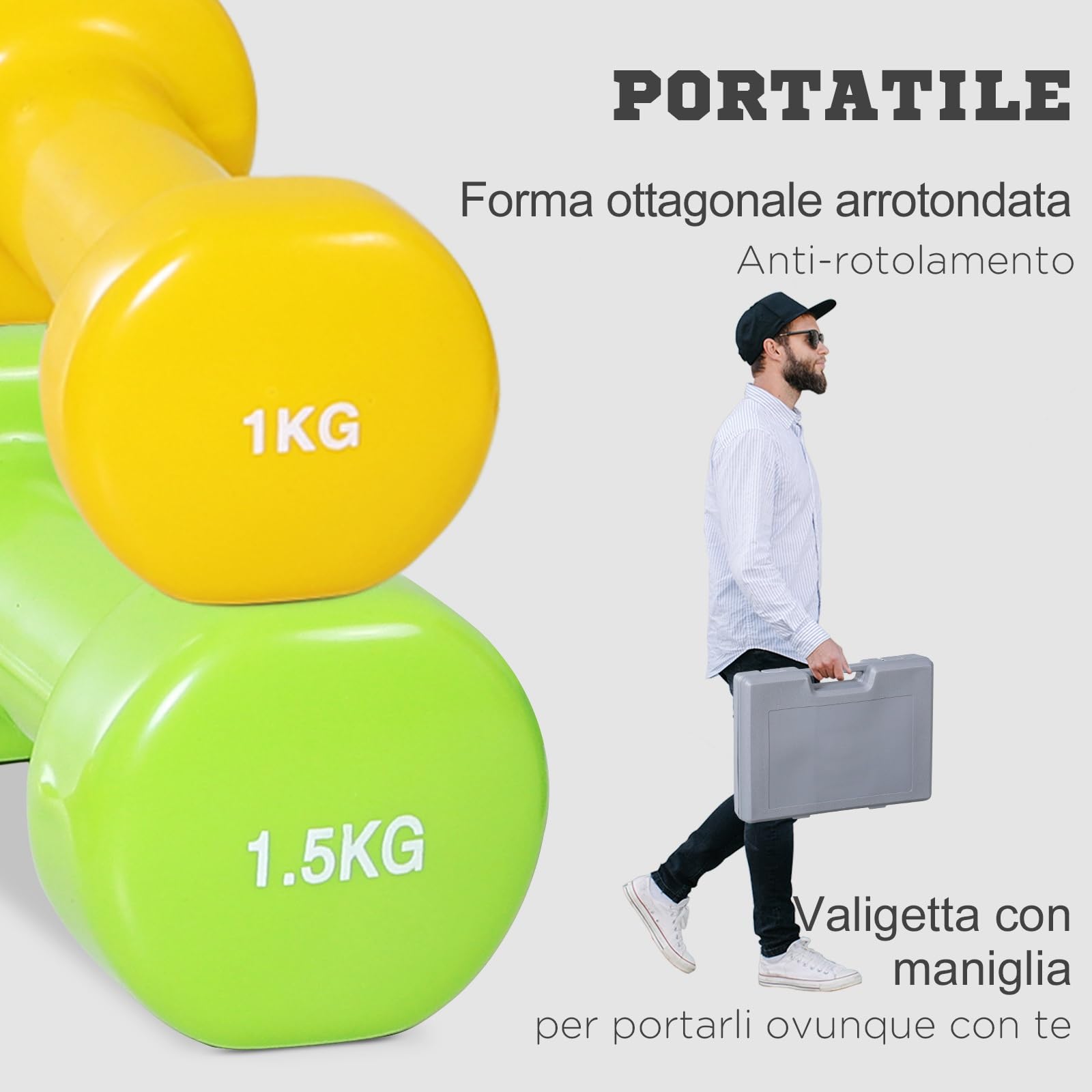 HOMCOM Manubri Pesi, Set Manubri Palestra da 10kg con Valigetta 4 Paia di Manubri (2x0.5kg, 2x1kg, 2x1.5kg, 2x2kg)