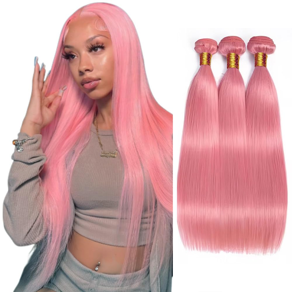 Pink Bundles Straight Bundles Human Hair 26 28 30 Inch Brazilian Virgin Hair 3 Bundle Pink Straight Bundles Human Hair Extensions 50 Gram Per Bundle