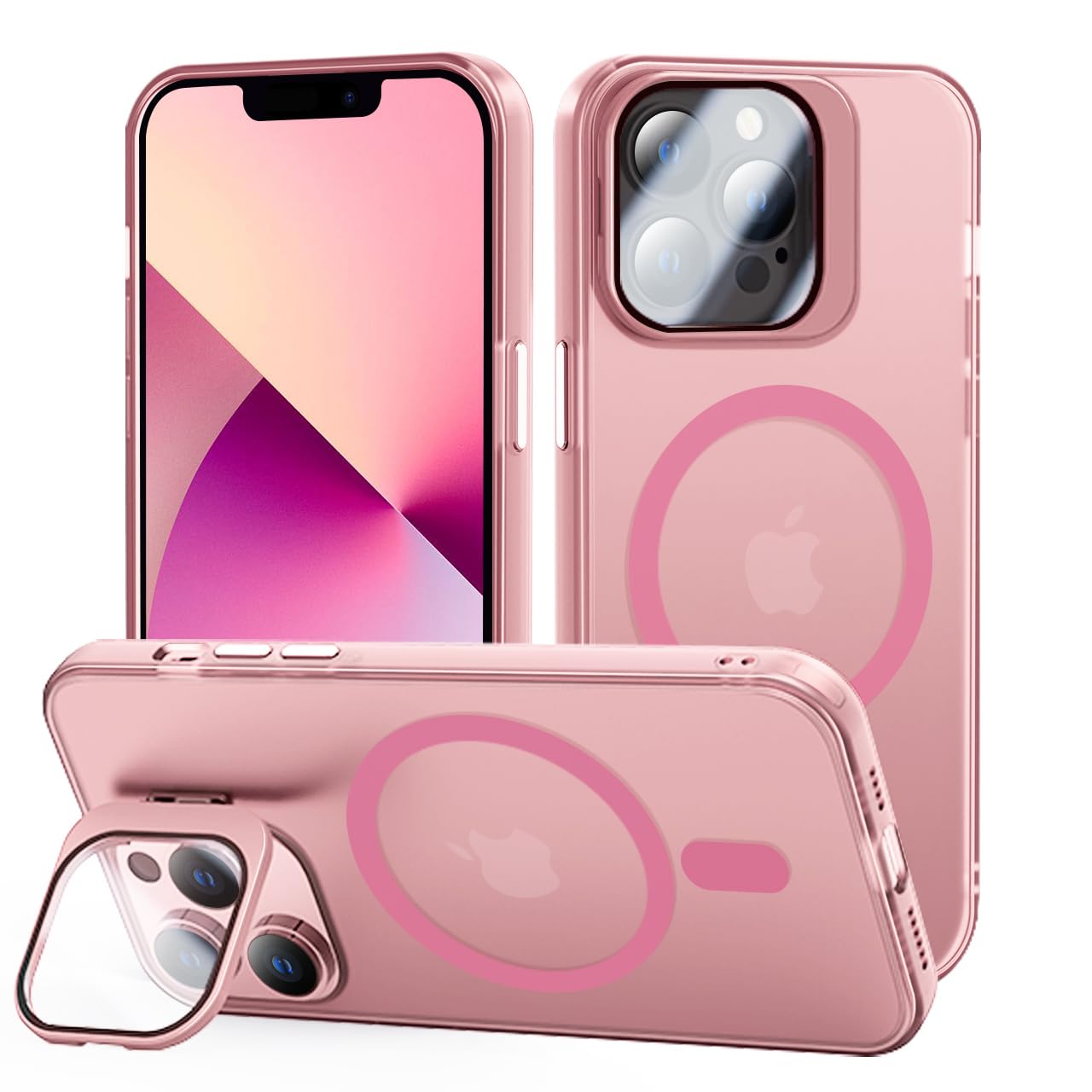 tigratigro Cover con Cavalletto,Compatibile con iPhone 13 Pro,Protezione Fotocamera H9 vetro temperato,Custodia Posteriore Glassata Traslucida, Anti-Impronte,Sensazione di Velluto (Sakura Pink)