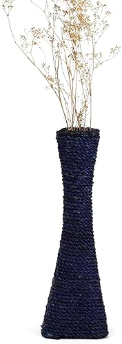 Miniatura 1 de Leewadee Jarrón grande de piso soporte para flores hecho a mano de bambú y basta, sofisticado embudo para ramas decorativas, 16 pulgadas, marrón y