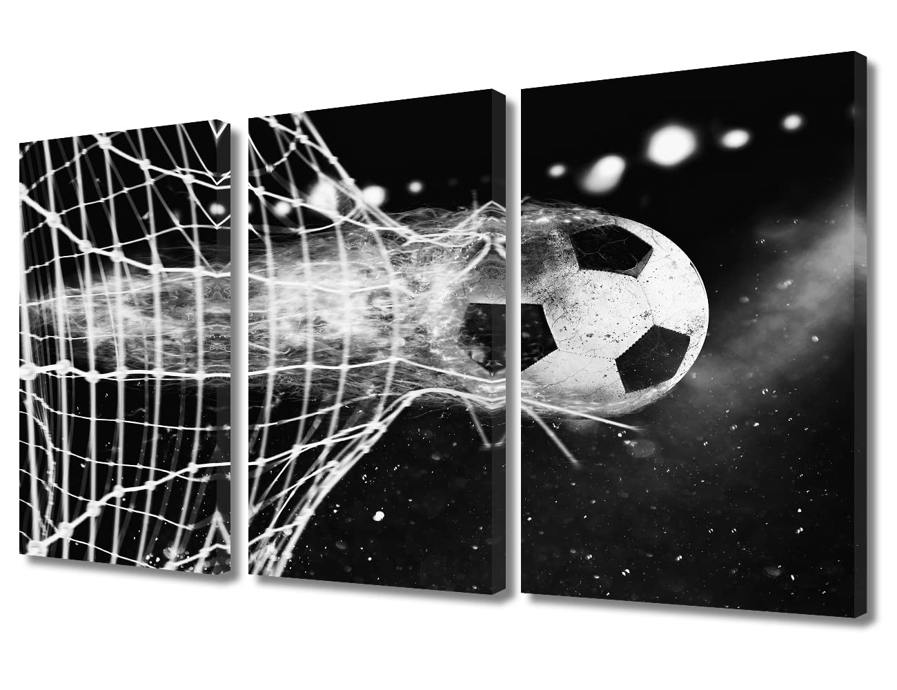 TUMOVO Tattered Net and Football Canvas Paintings Wall Decor 3 Panel Football with Sparks Wall Art Wall Decor for Living Room, Bedroom, Bathroom, Office. Posters and Prints Ready to Hang (36" Wx24 H)