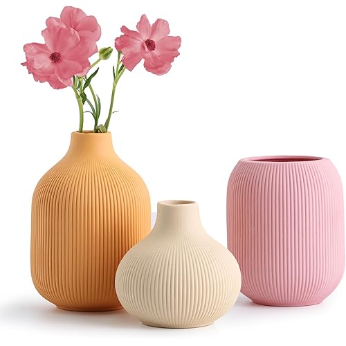 Ceramic Vase for Decor,Small Boho Vases Set for Home,Modern Minimalist Farmhouse Decoration,Decorative Bud Vases for Shelf Decor,Table, Bookshelf, Mantel and Entryway(Pink+Light Yellow+Orange)
