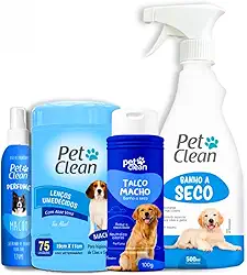 Kit Banho a Seco 500ml + Talco 100g + Lenço Umedecido 75un + Perfume 120ml Pet Clean - Higiene e Limpeza para Cães e Gatos (Macho)