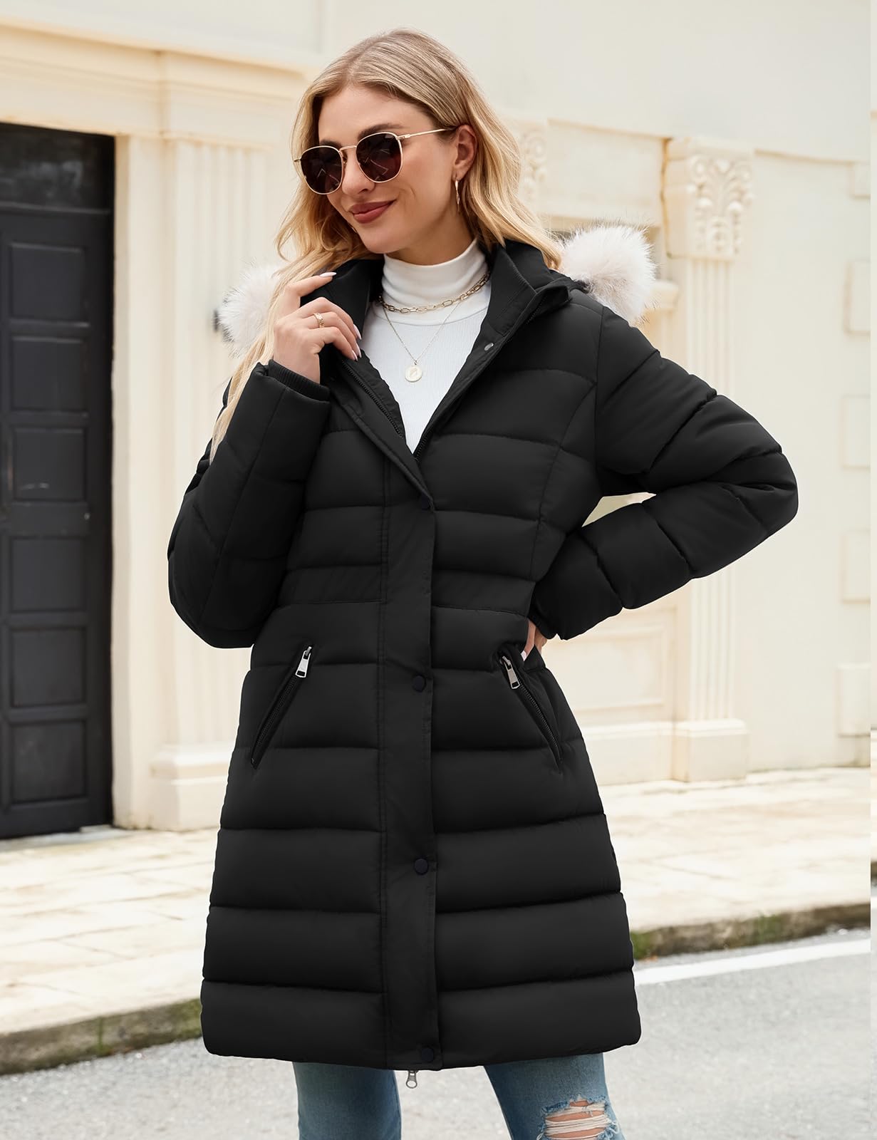 Women's Winter Thicken Fleece Lined Puffer Coat Mid-Length Down Jacket with Removable Faux Fur Hood, Warm Snow Parka