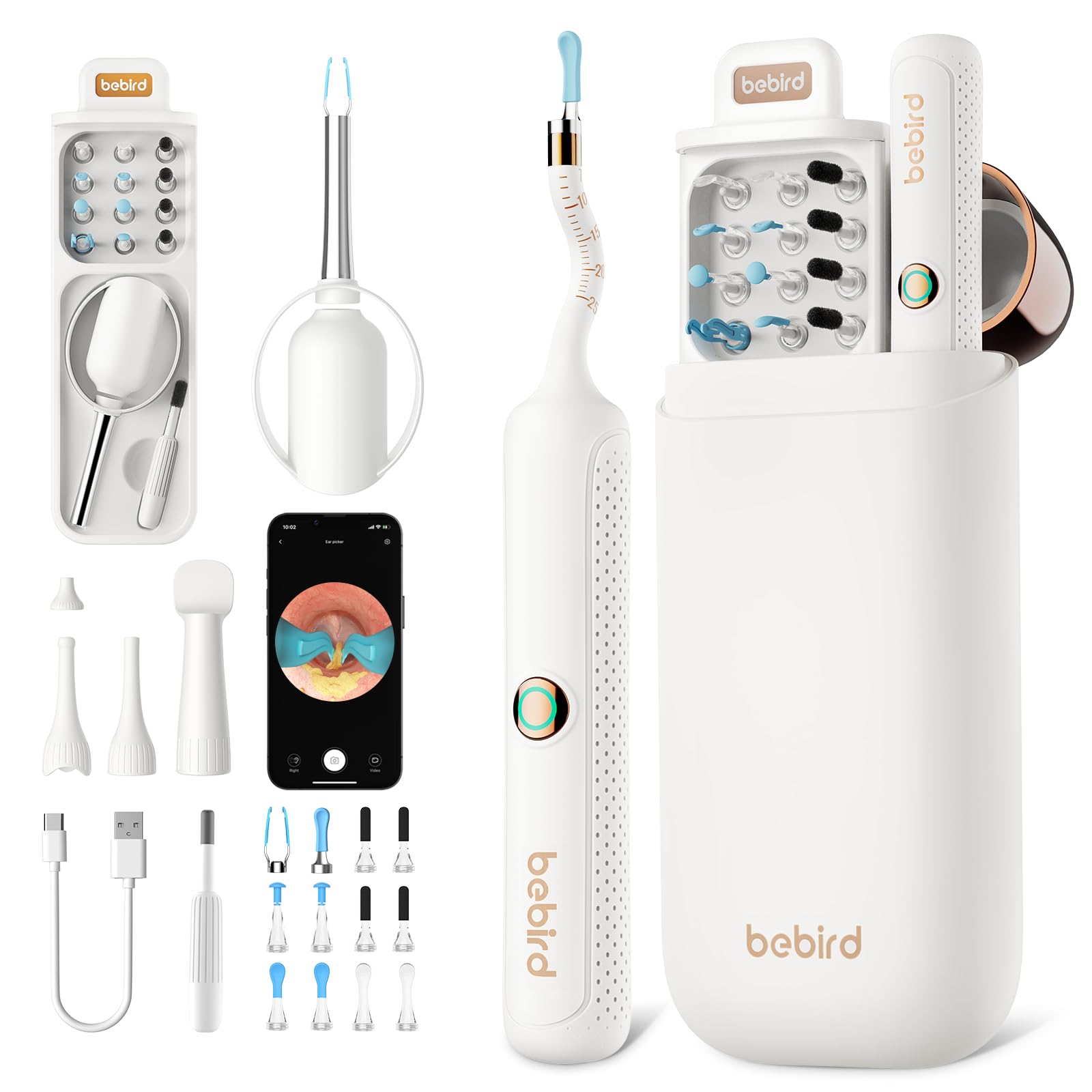 BEBIRD Otoscopio Orecchio, 1080P HD 3,5mm Camera Orecchio, Otoscopio Endoscopio Fotocamera 4,5mm WIFI con 6 LED regolabili per Tablet Android iOS - Bianco