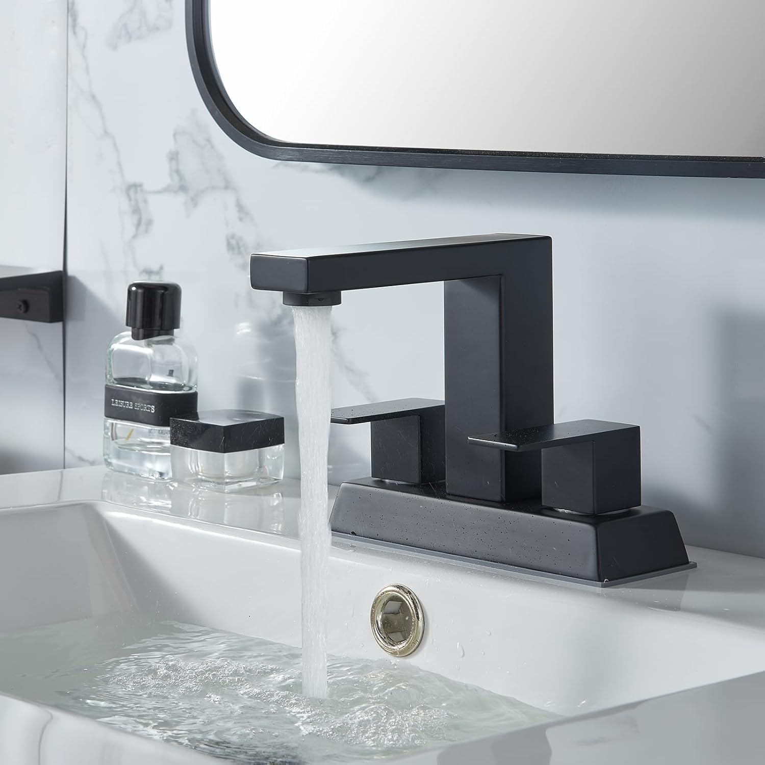 KINGO HOME Black 2 Handle Centerset Bathroom Faucet,Matte Black 4 Inch Bathroom Sink Faucet Modern Vanity Faucets for Sink 3 Hole Lavatory Bath Faucet with Lead-Free Supply Hose and Pop up Drain