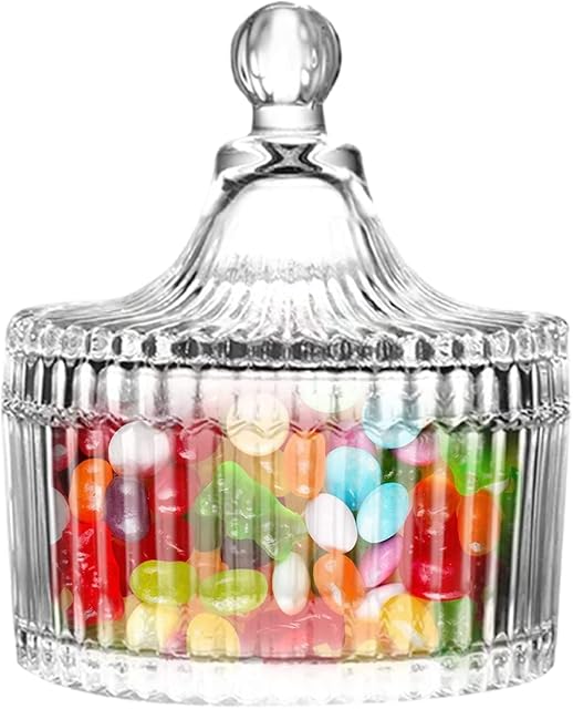 Klauss Crystal Candy Jars, Glass Sweet Storage Jars with Lid Decorative Apothecary Jar for Home Kitchen Sugar Cookie Buffet Food Storage Christmas Birthday Wedding Clear-10oz